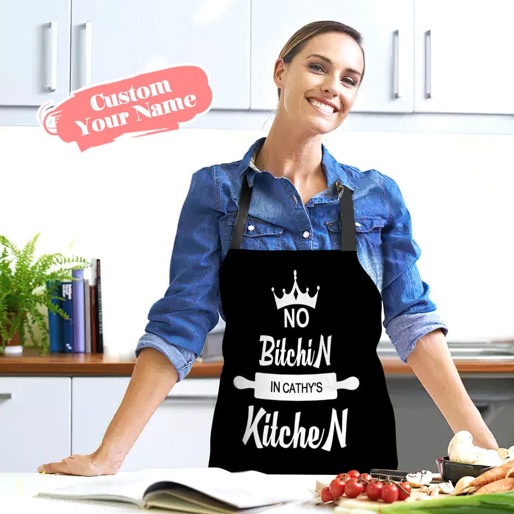 Custom Name Apron – “No Bitchin’ in My Kitchen” Personalized Apron Gift for Her, Funny Kitchen Gift, Cooking Apron with Sayings