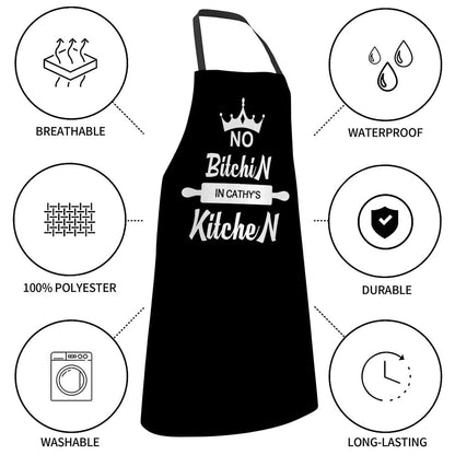 Custom Name Apron – “No Bitchin’ in My Kitchen” Personalized Apron Gift for Her, Funny Kitchen Gift, Cooking Apron with Sayings